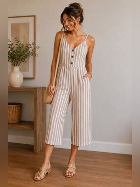 Universal Thread Women's Brown and White Striped Button-Front Wide Leg Jumpsuit